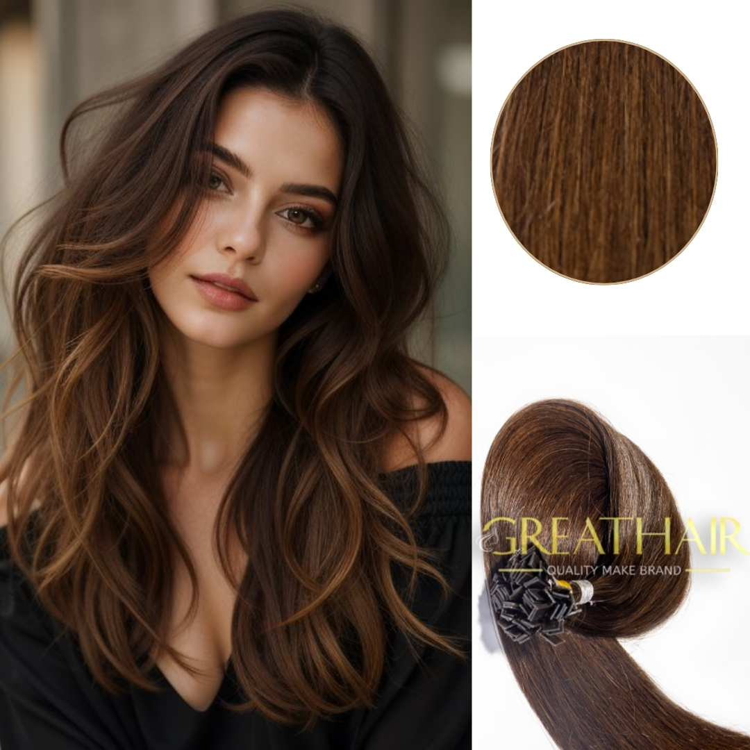 Brown color flat tip hair extensions