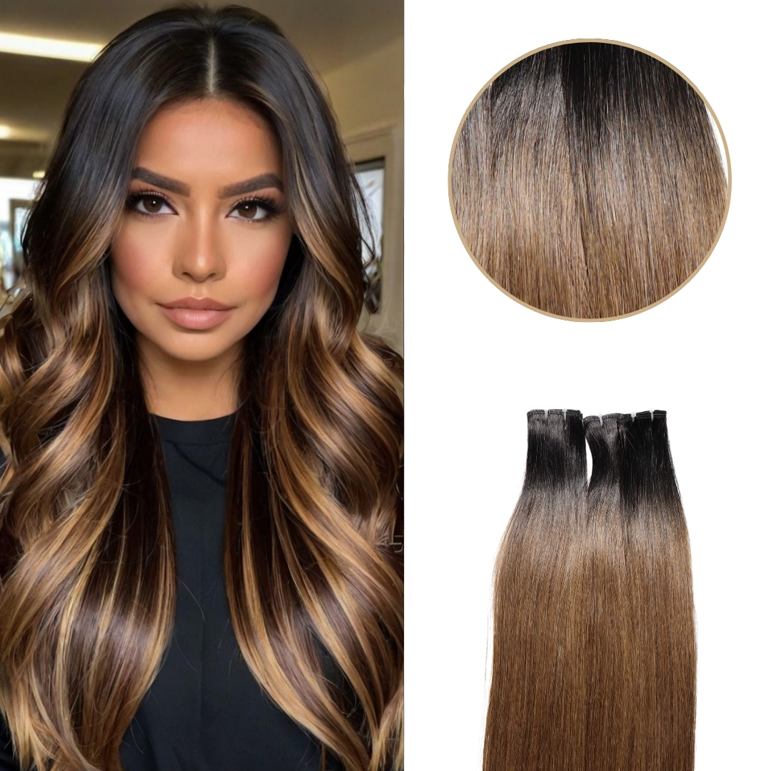 Ombre black with brown color bone traight weft hair extensions