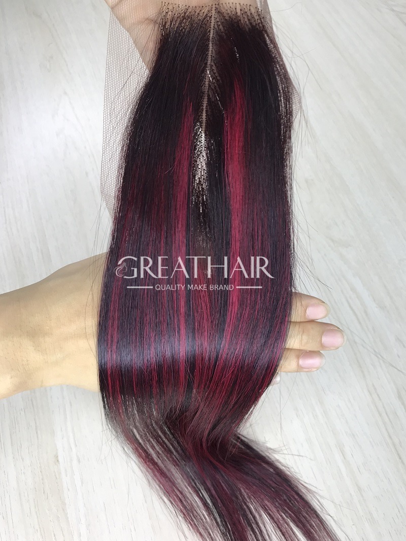 Piano black/red color bone straight 2x4 closure hair extensions