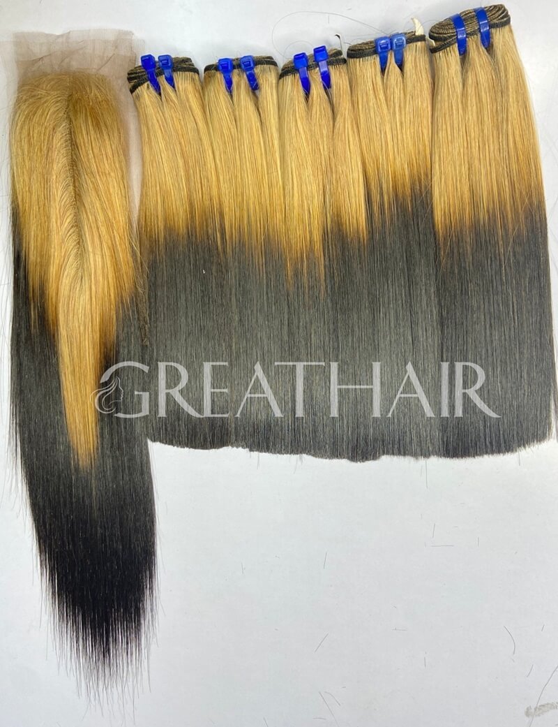 G25 - ombre blonde/black color weft bone straight hair extensions