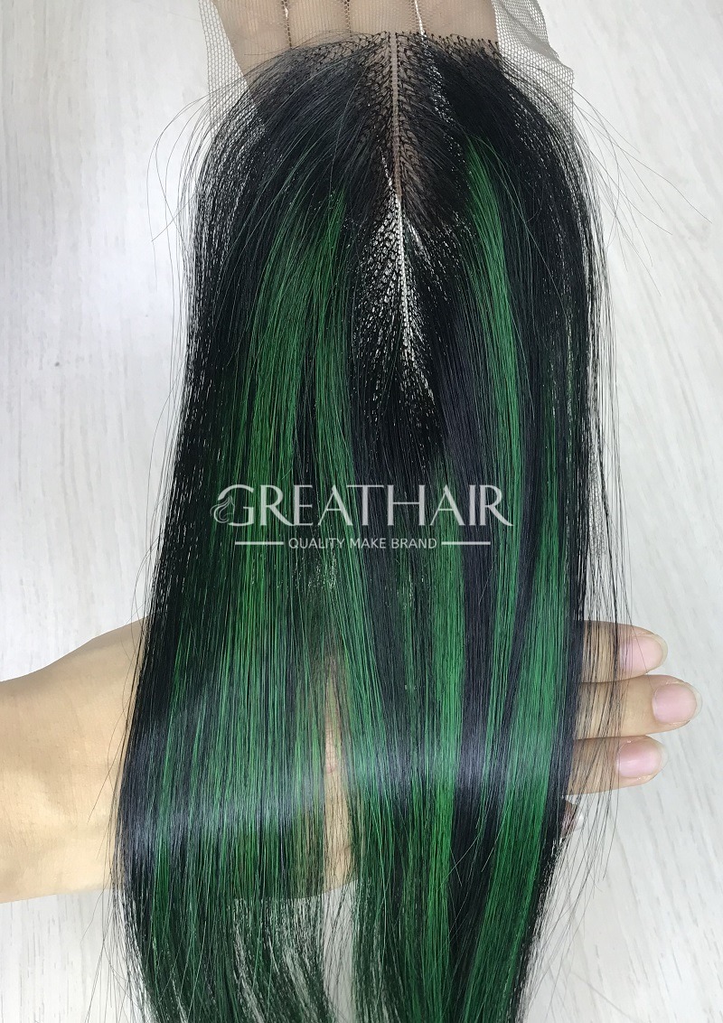 Piano black/green color bone straight 2x4 closure hair extensions