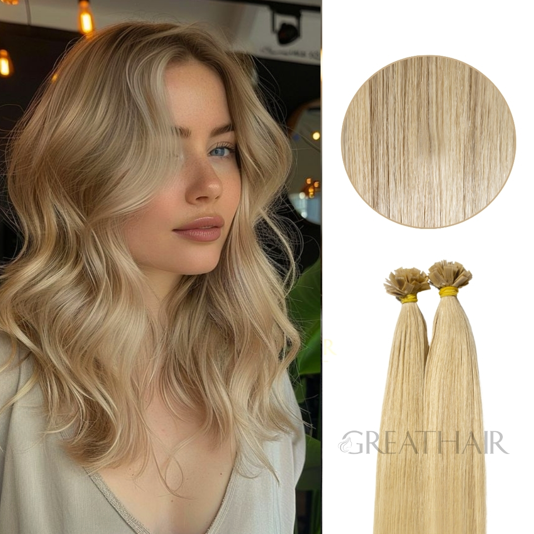 Bright blonde color straight flat tip hair extensions