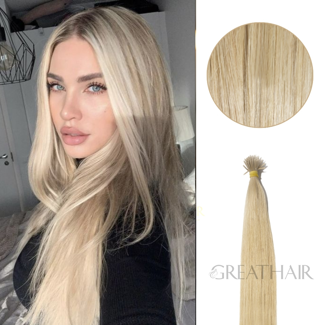 Platinum blonde color straight i tip hair extensions