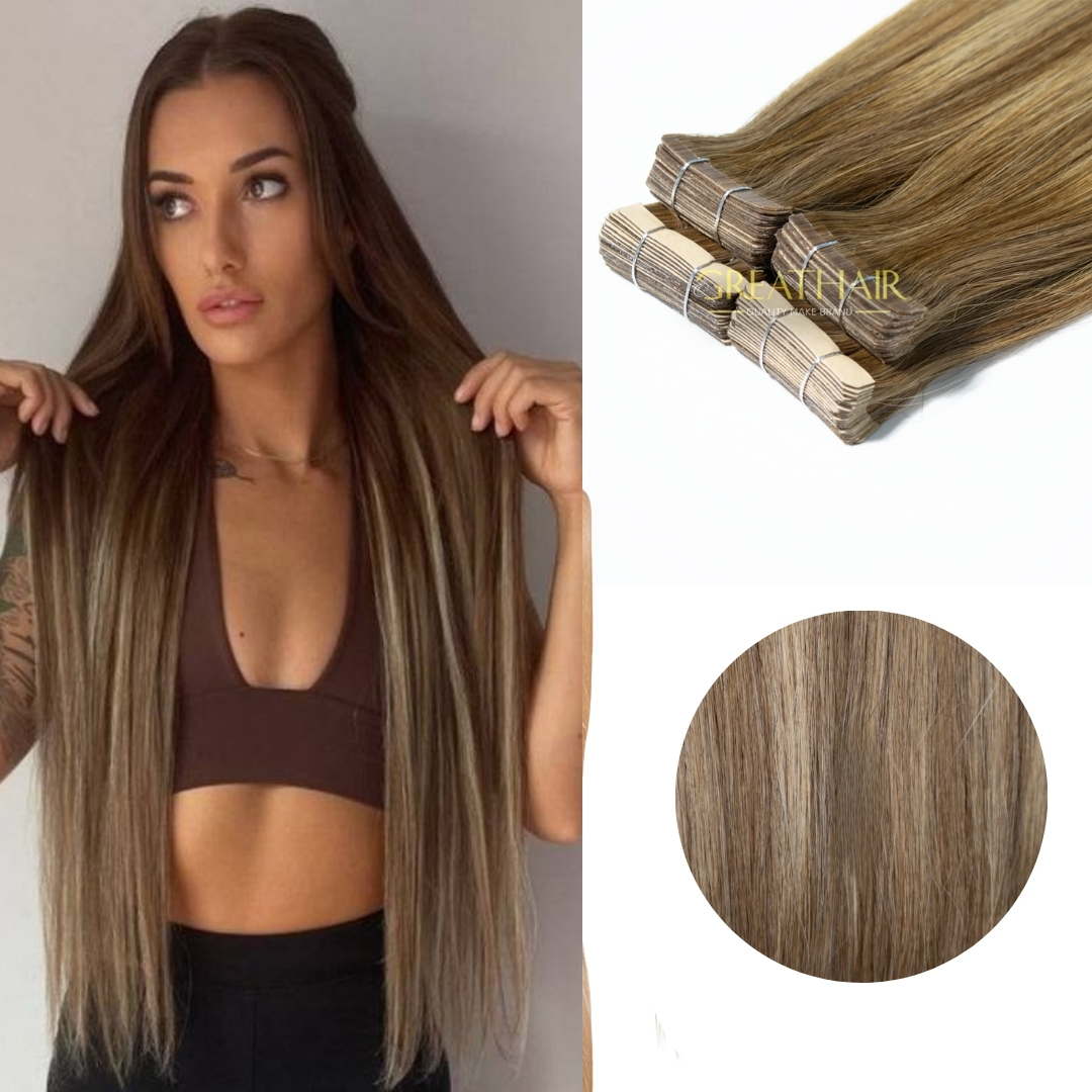 Ombre caramel blonde brown slim tape straight hair extension