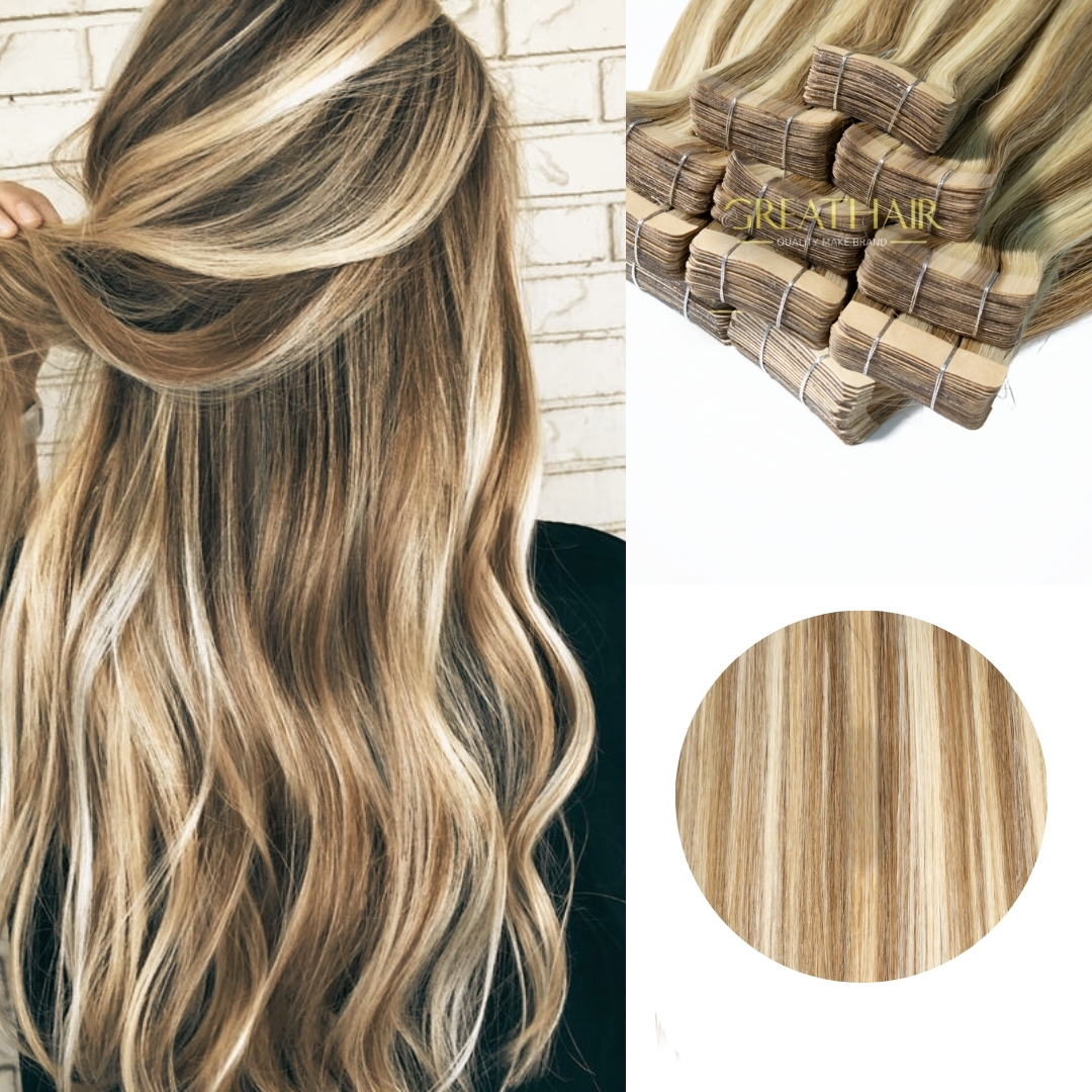 Piano light brown with 613 blonde color straight slimline tape hair extension