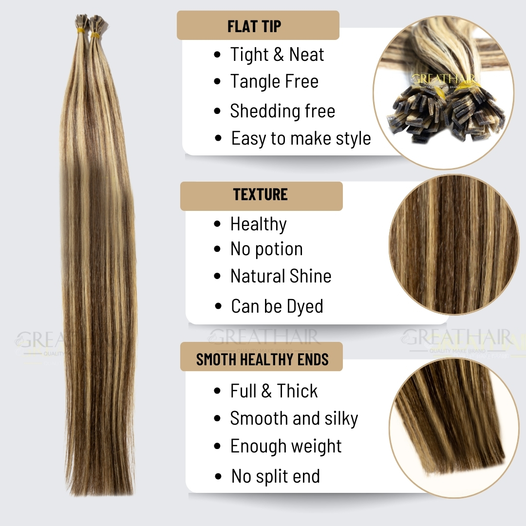 Piano 1A/6C color straight FlatTip hair extensions