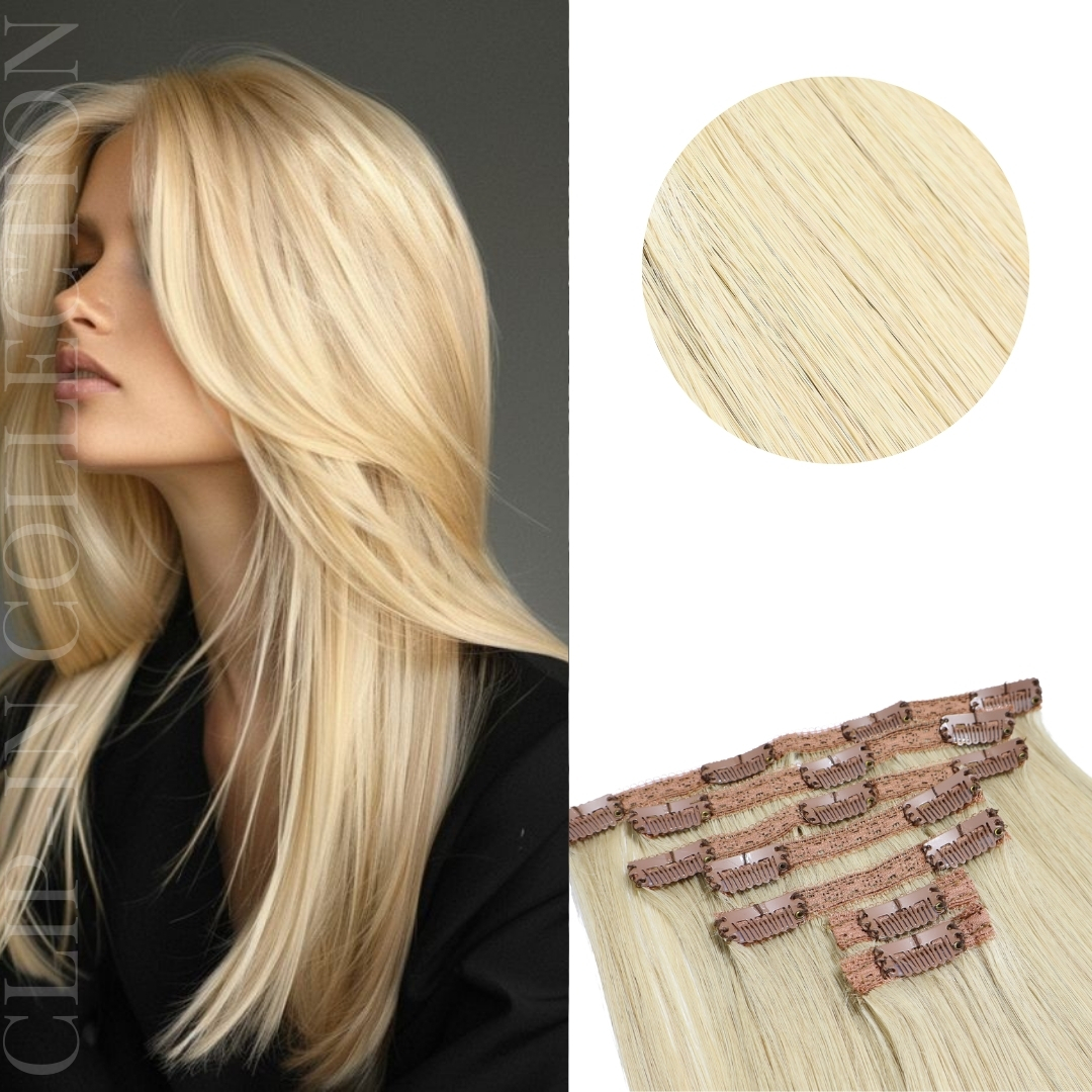 Blonde color straight clip in hair extensions