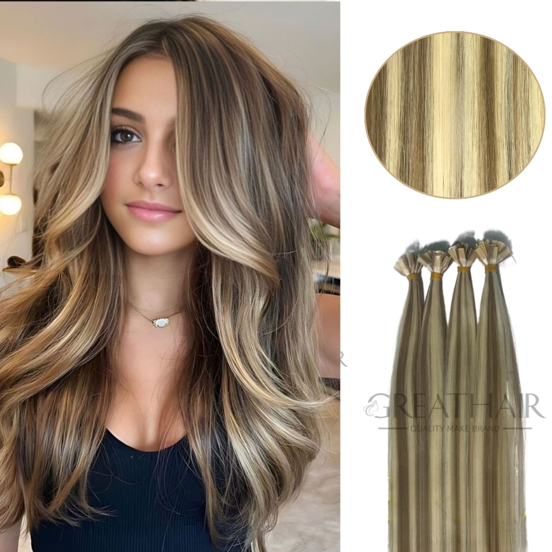 Piano ash blonde with brown color straight flat tip hair extensions