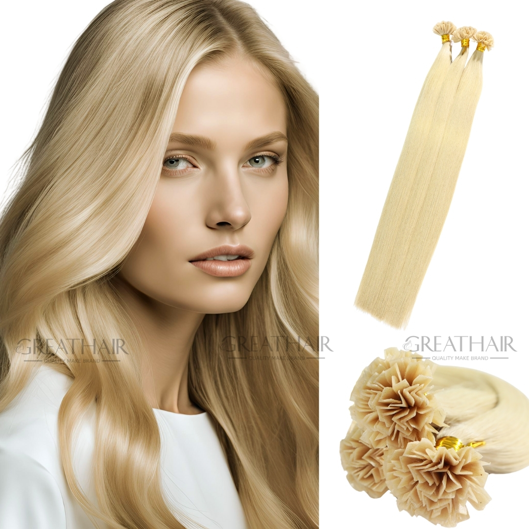 Blonde color straight v tip hair extension