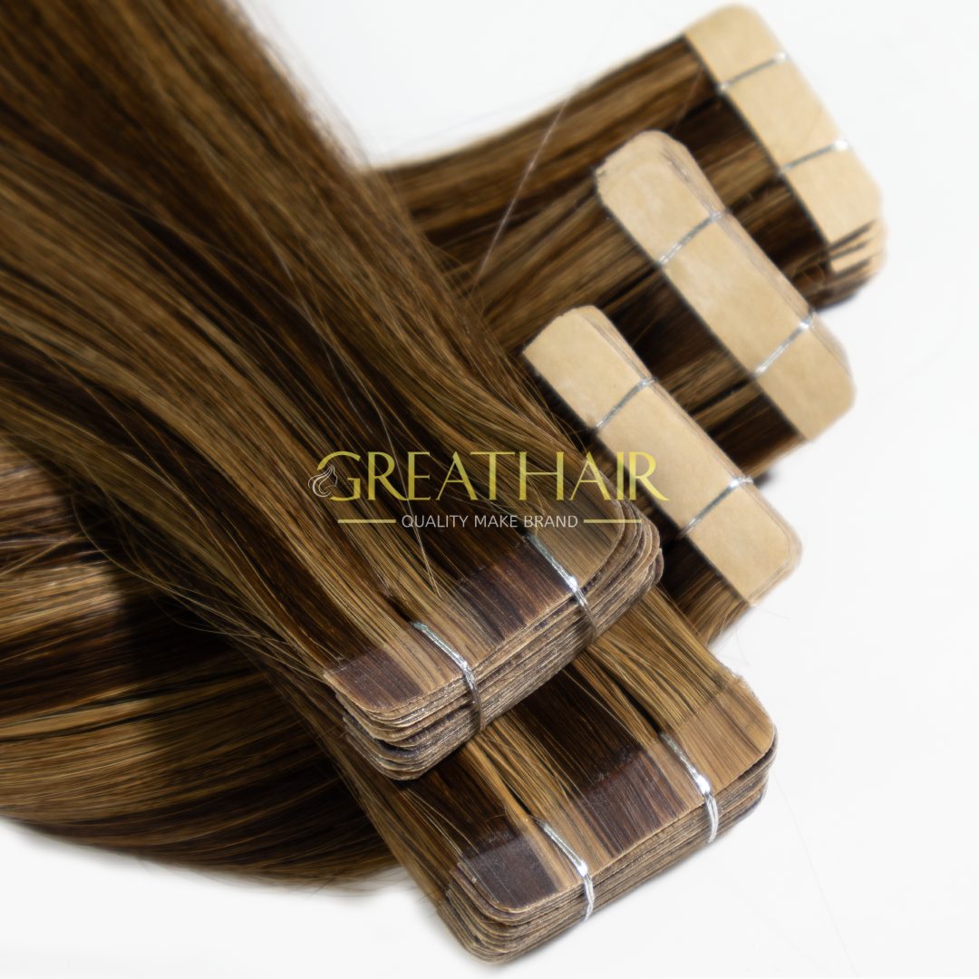 Piano brown with blonde color straight tape-in hair extensions