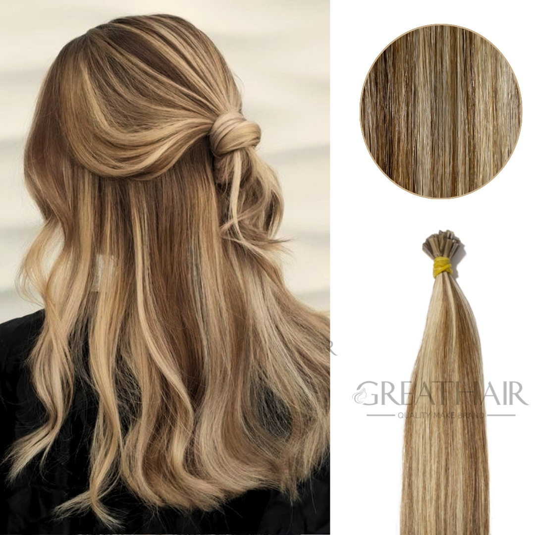 Piano blonde with brown color straight flat tip hair extensions