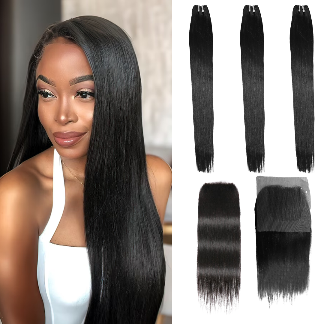 Affordable 4x4 closure with 3 bundles human straight hair