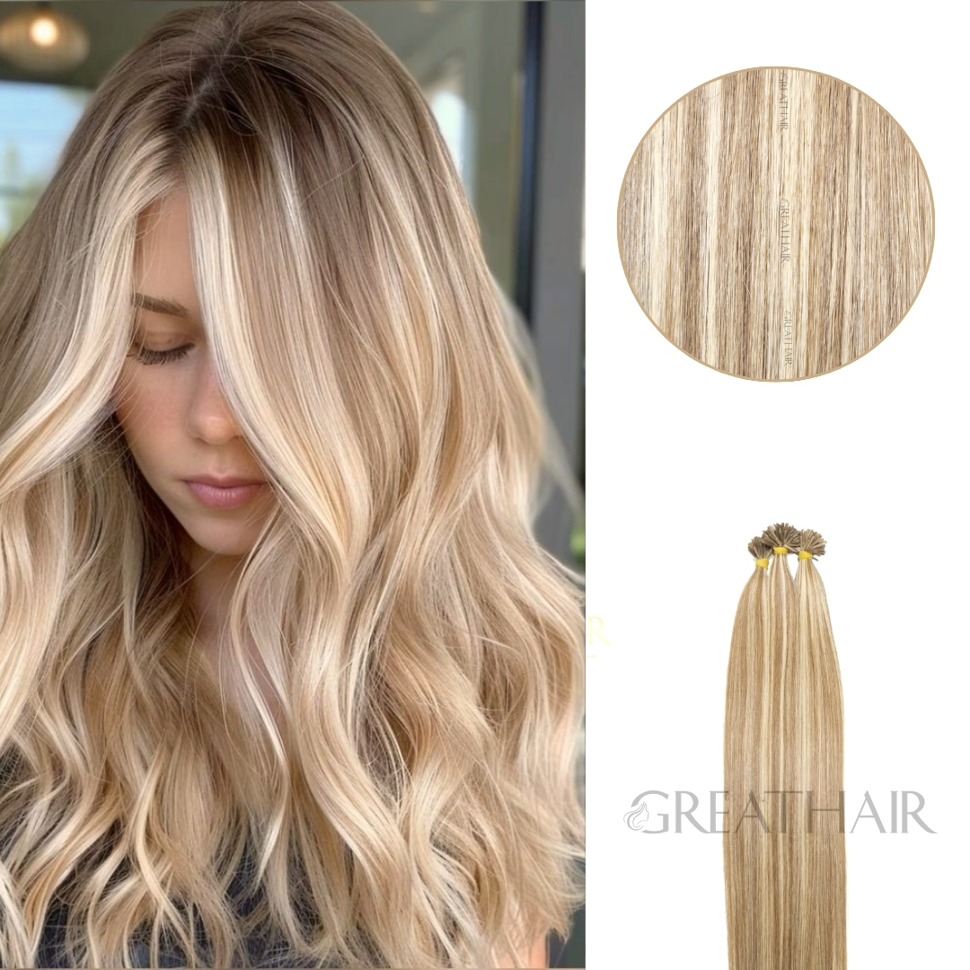 Piano light brown with blonde color straight i tip hair extensions