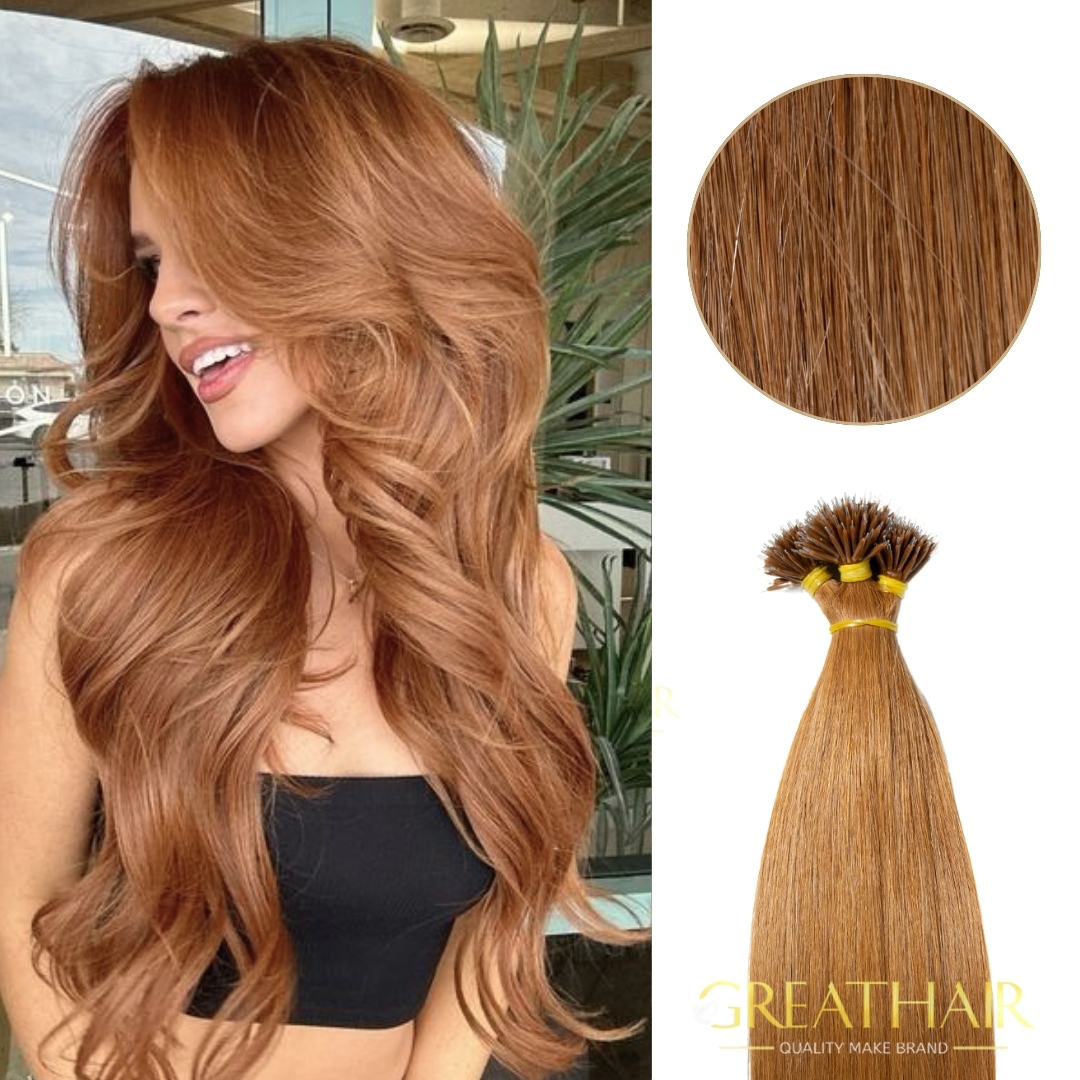 Copper blonde color straight nano tip hair extensions