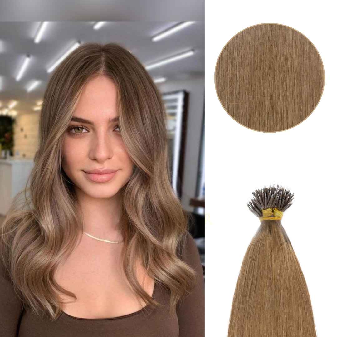 Brown color straight nano tip hair extensions