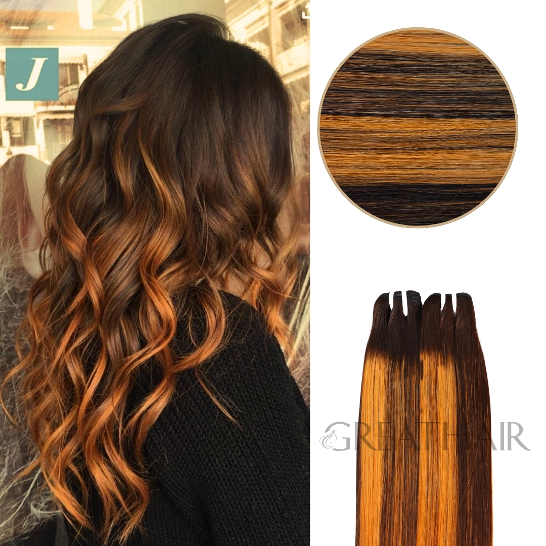 Balayage brown orange color straight weft hair extensions