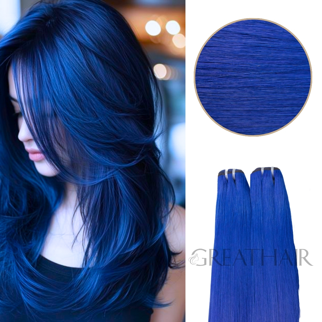 Blue cobalt color straight weft hair extensions