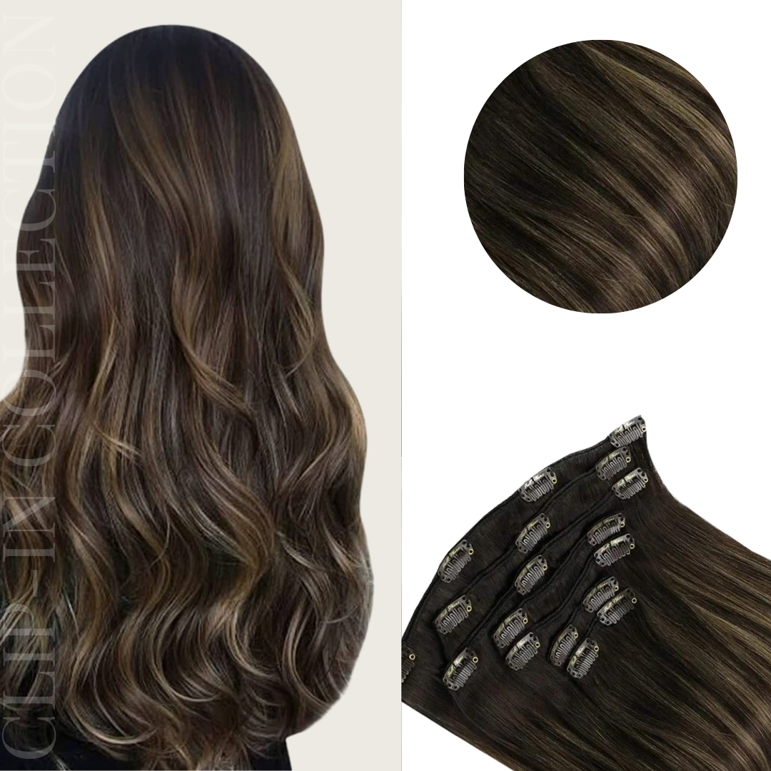 Light neutral brown color straight clip in hair extensions