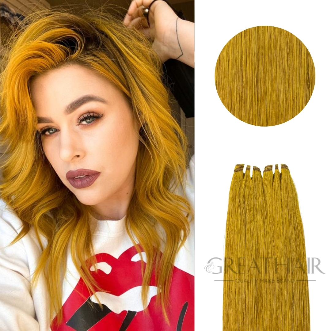 Golden blonde color straight weft hair extensions