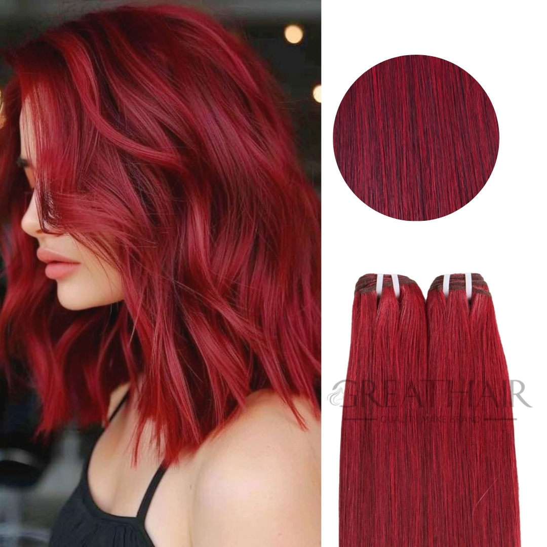 Burgundy color straight weft hair extensions