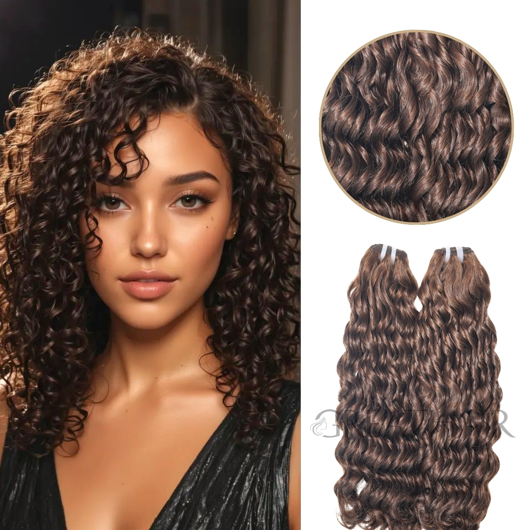 Brown color pixie curly weft hair extensions