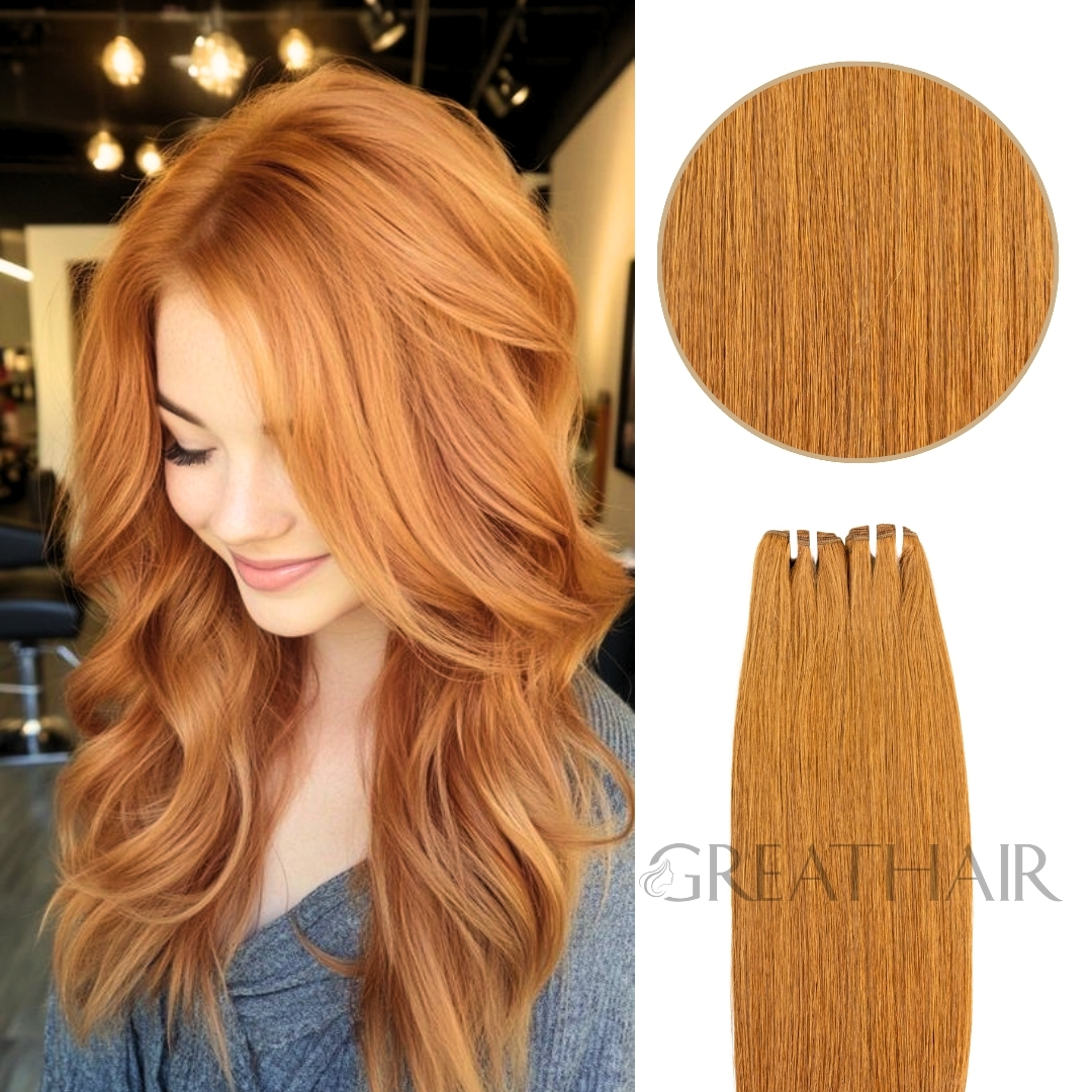 Brownish yellow color straight weft hair extensions