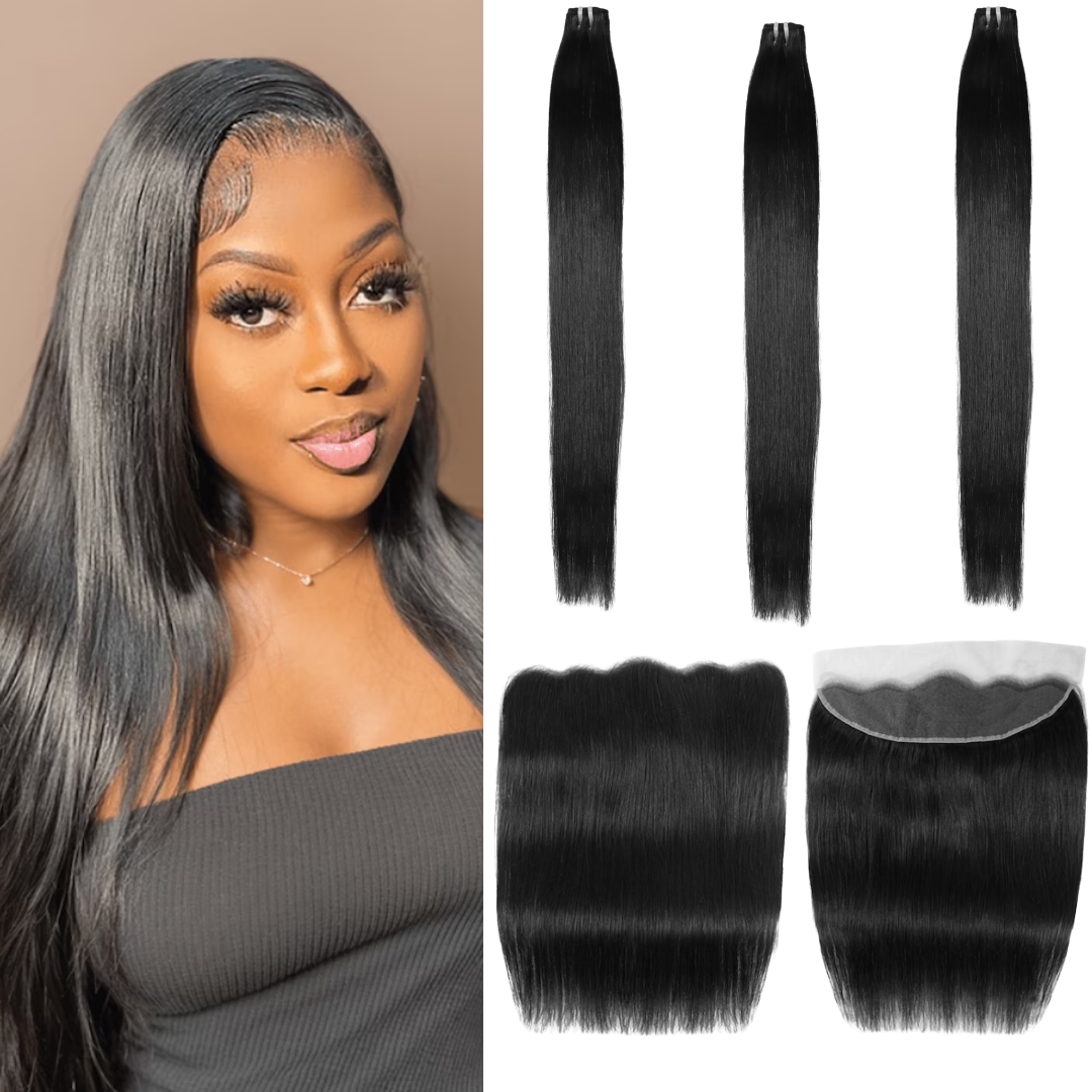 13x4 lace closure with 3 bundles human straight hair