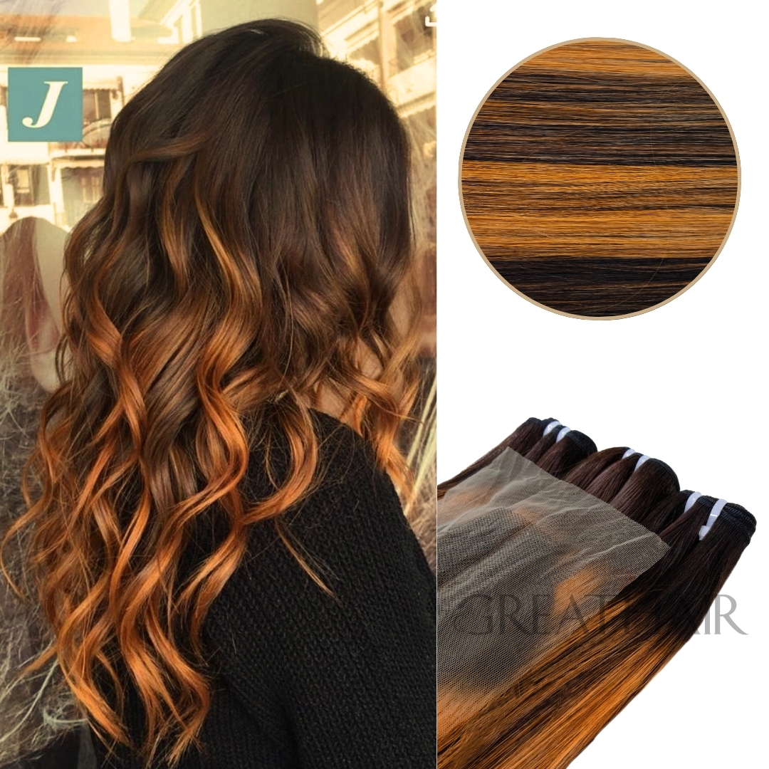 Balayage brown orange 3 bundles with closure