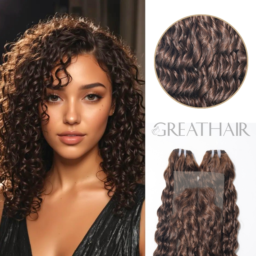 Brown 2 bundles with closure pixie curly