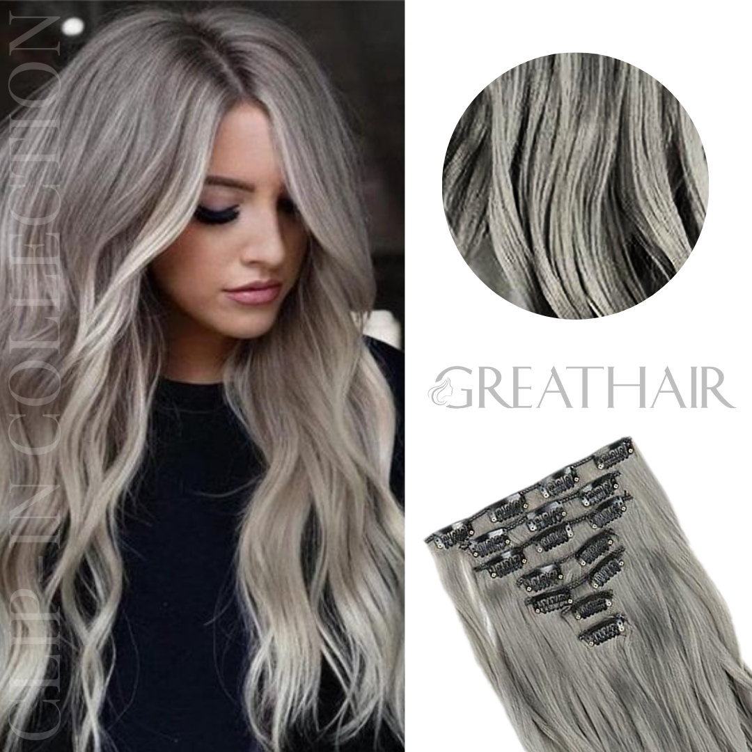 Grey color curly clip in hair extensions