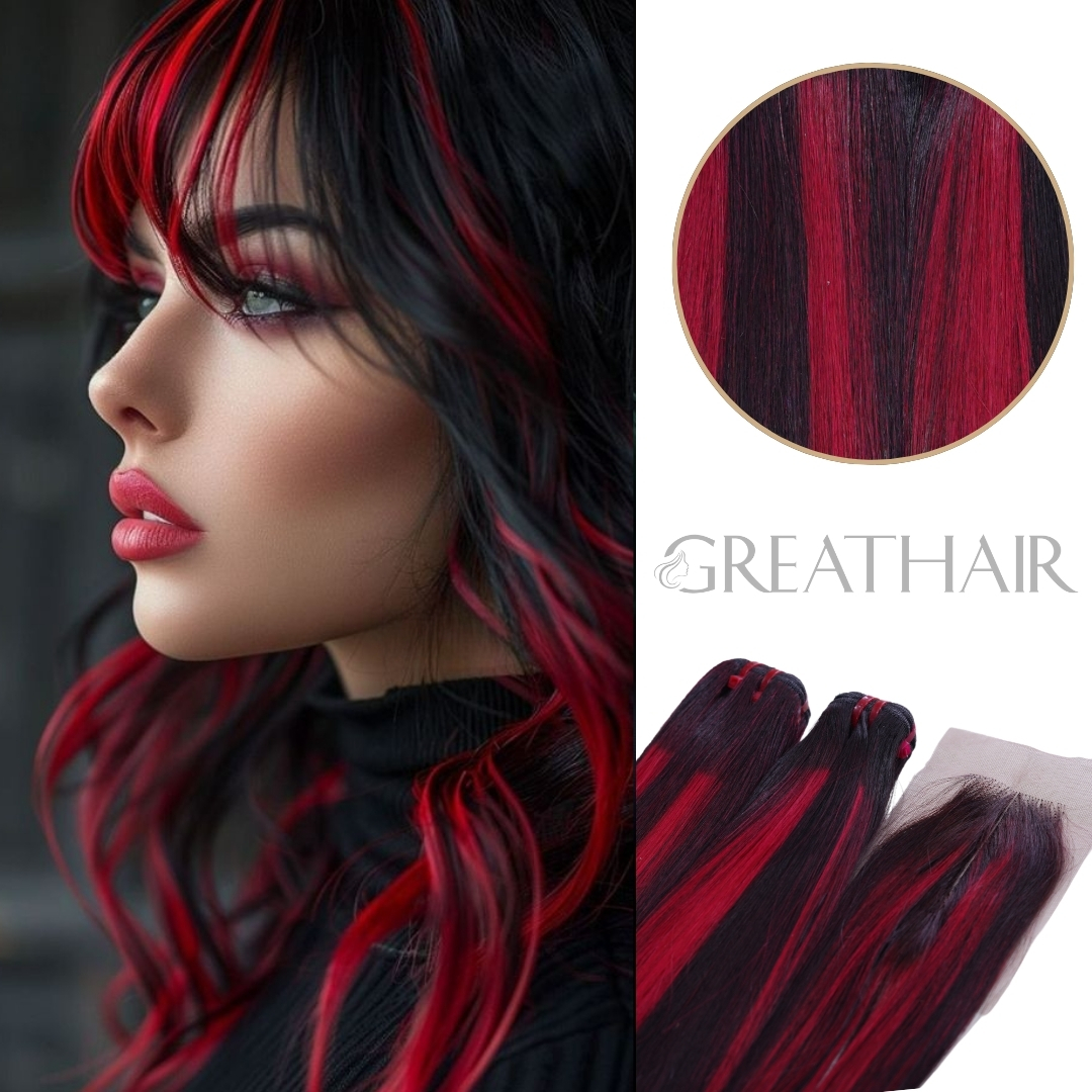 Piano black red straight 2 bundles with closure