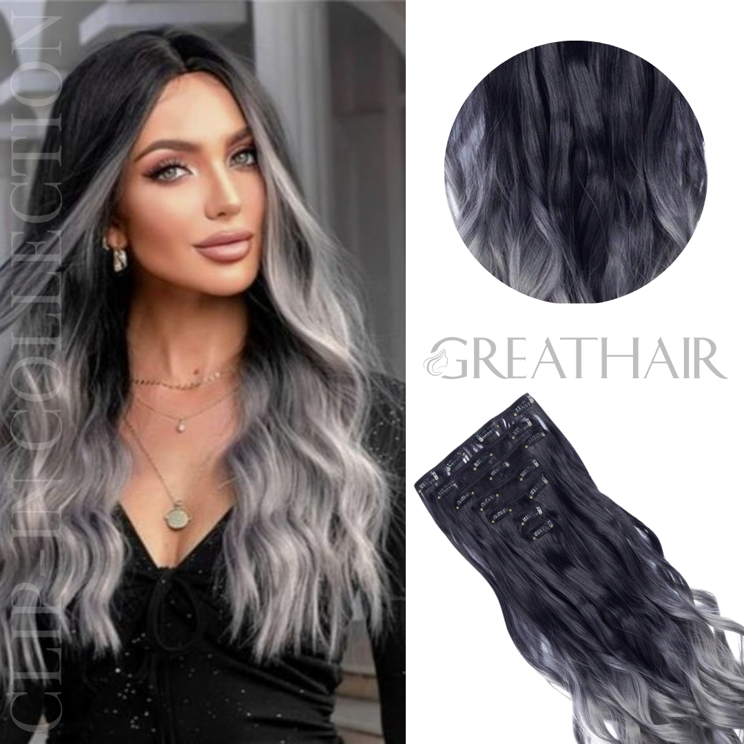 Ombre black grey color curly clip-in hair extensions