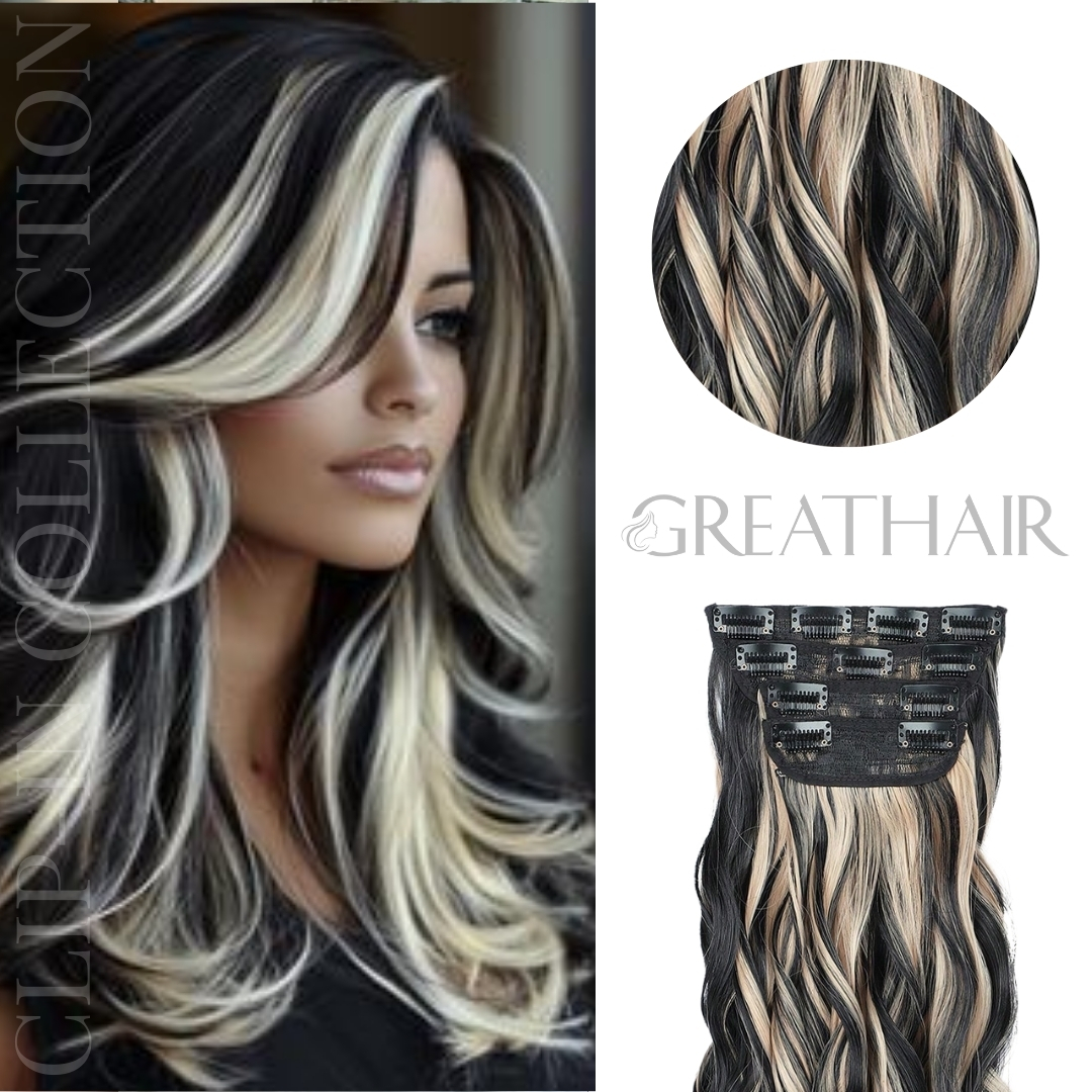 Piano black blonde color curly clip-in hair extensions