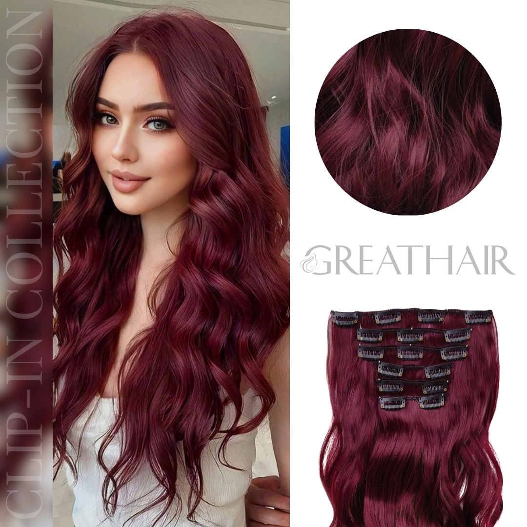 Red wine color natural wavy clip-in hair extensions