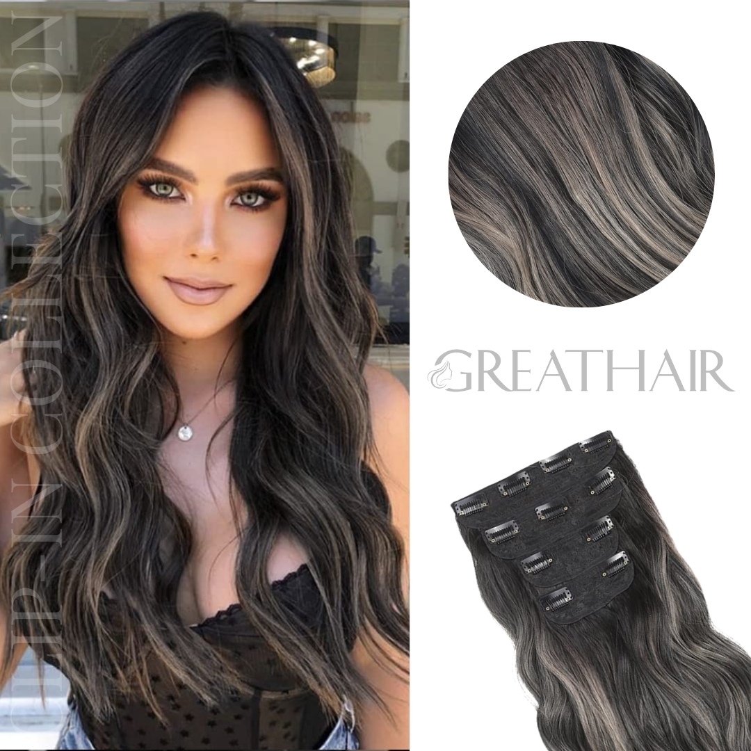 Piano black grey smoke color wavy clip-in hair extensions