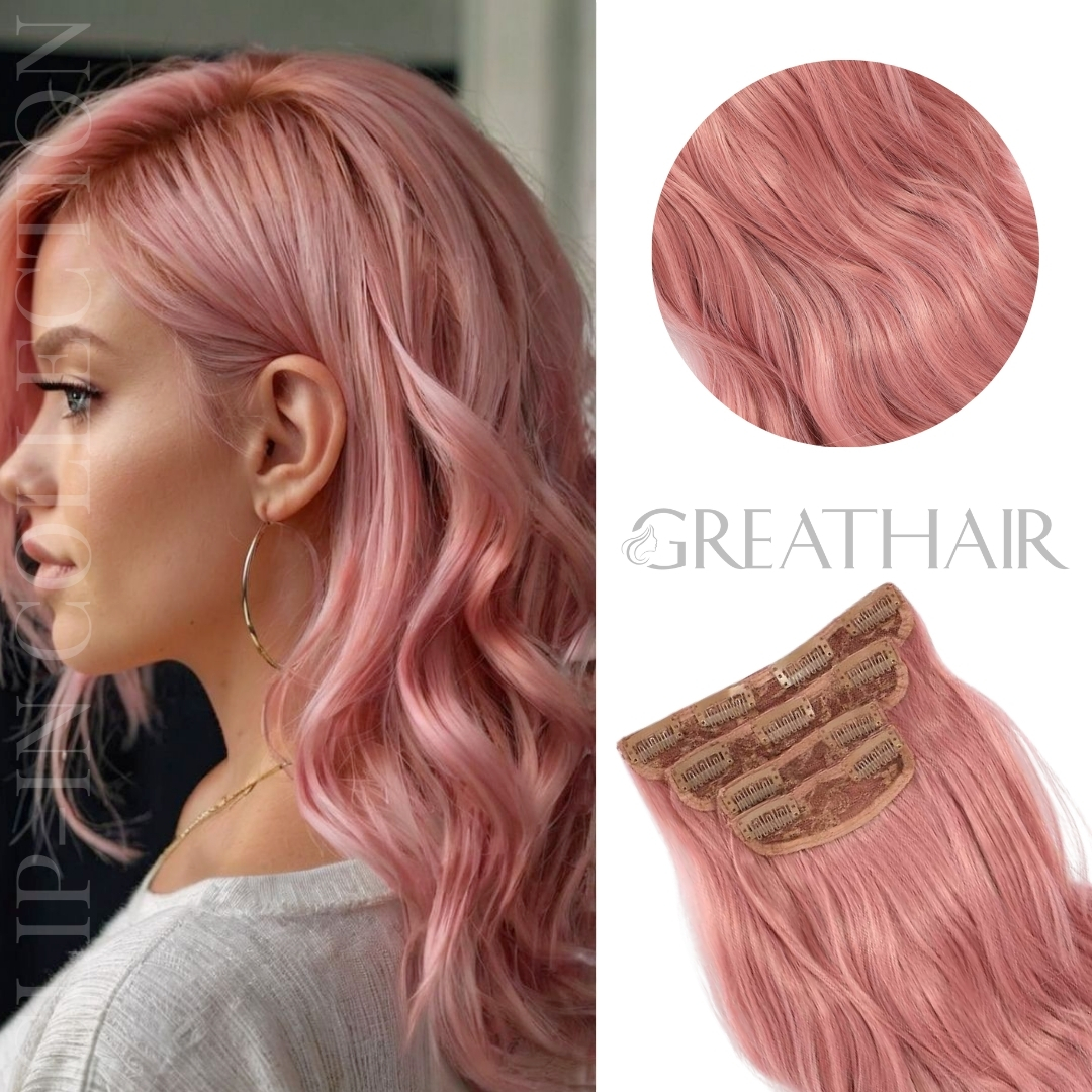 Pink color wavy clip-in hair extensions