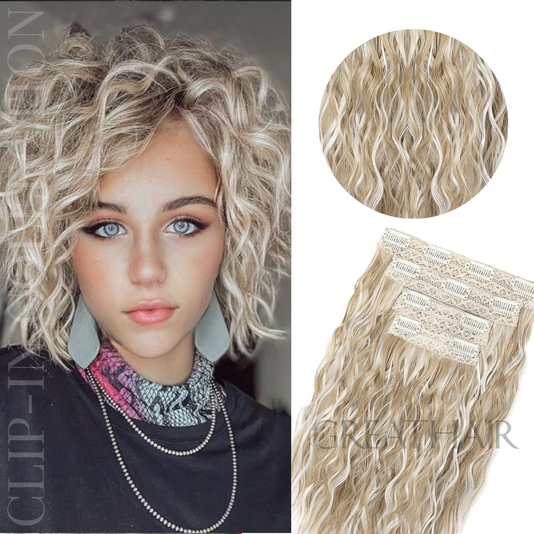 Piano white blonde color pixie curly clip-in hair extensions