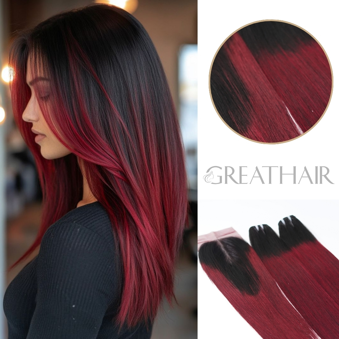 Ombre black burgundy straight 2 bundles with closure hair extensions