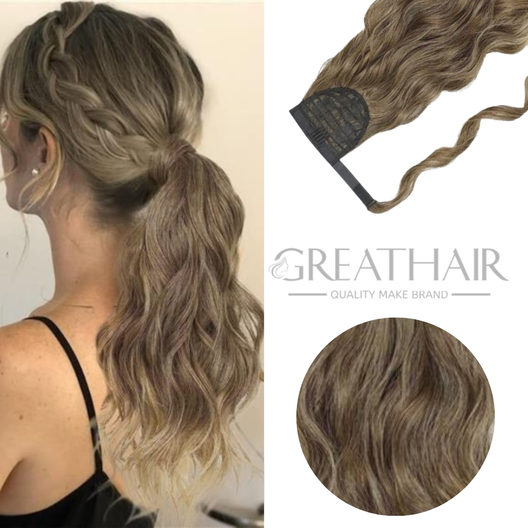 Piano light brown ash blonde color ponytail natural wavy hair extensions