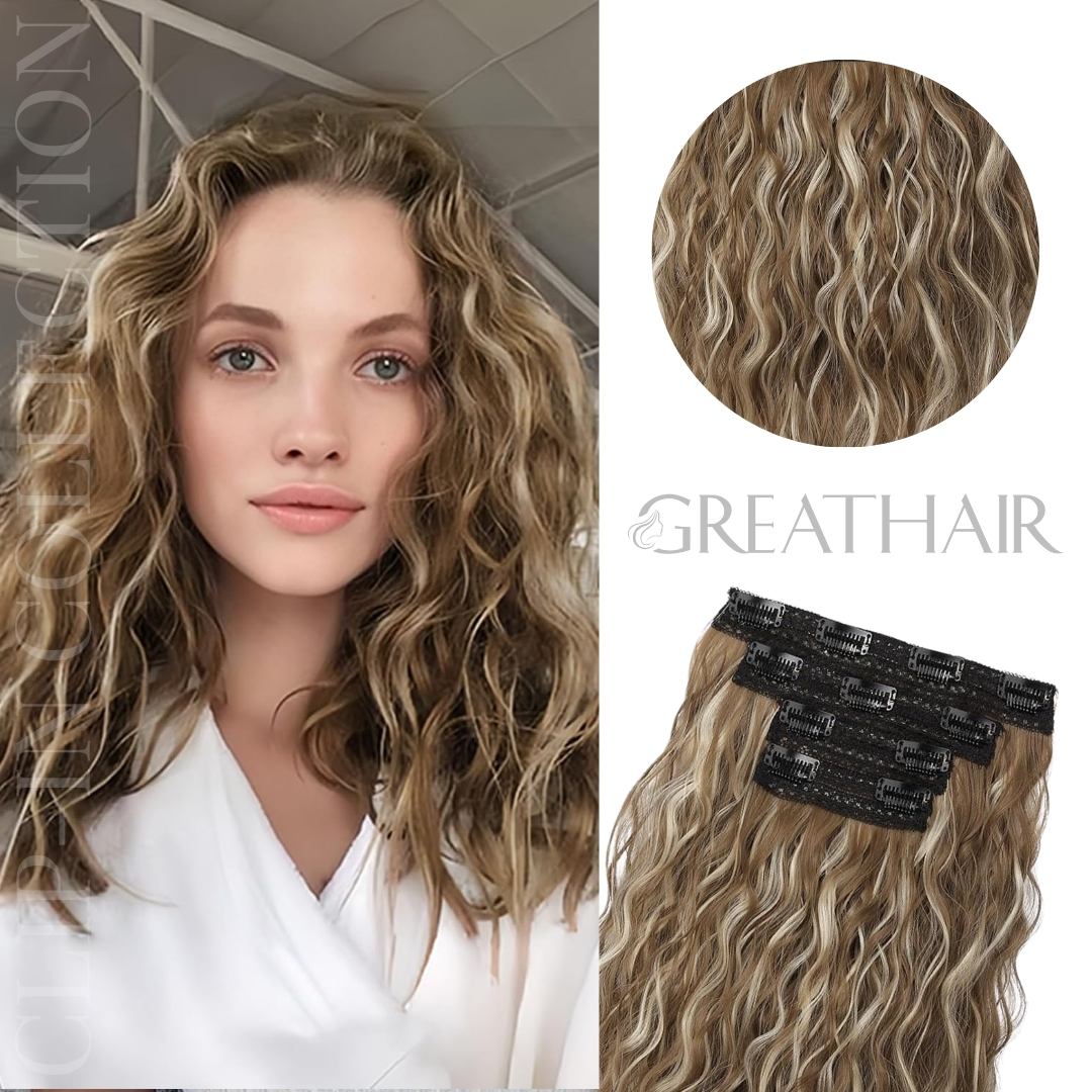 Piano ash brown highlight color curly clip-in hair extensions