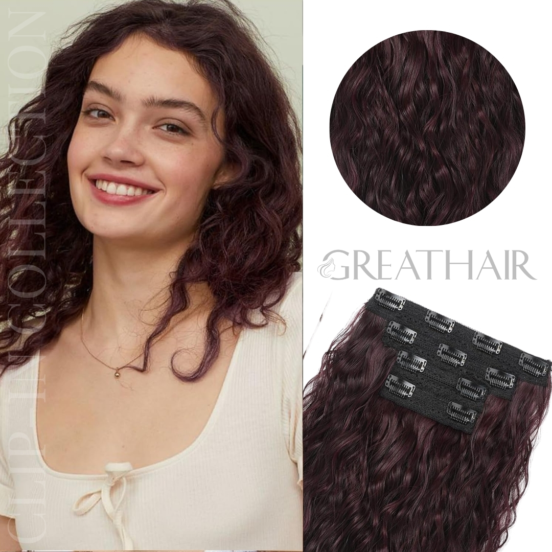 Burgundy color curly clip-in hair