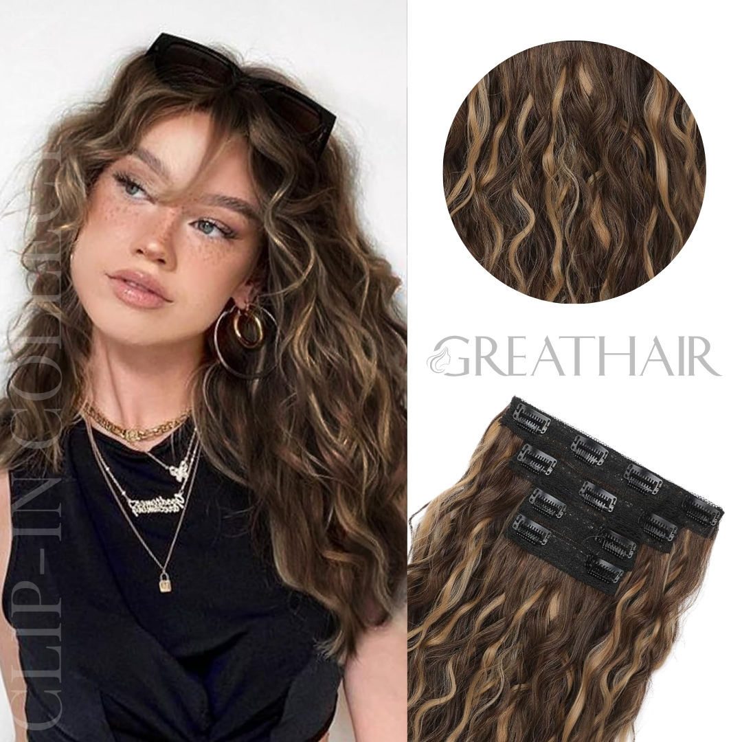 Chestnut brown with golden highlights color curly clip-in hair