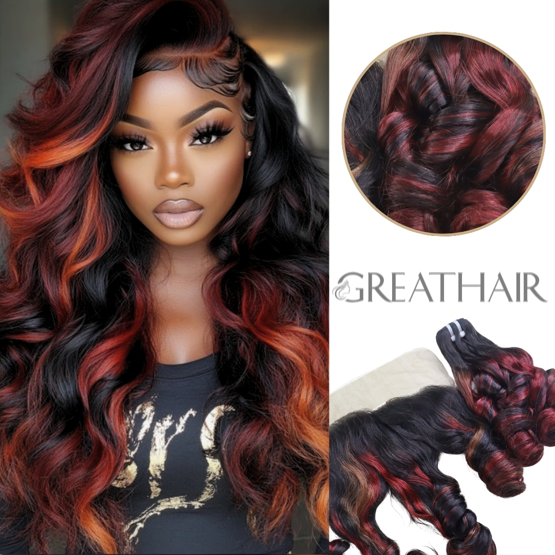 Ombre piano black red brown bouncy 2 bundles with closure hair extensions