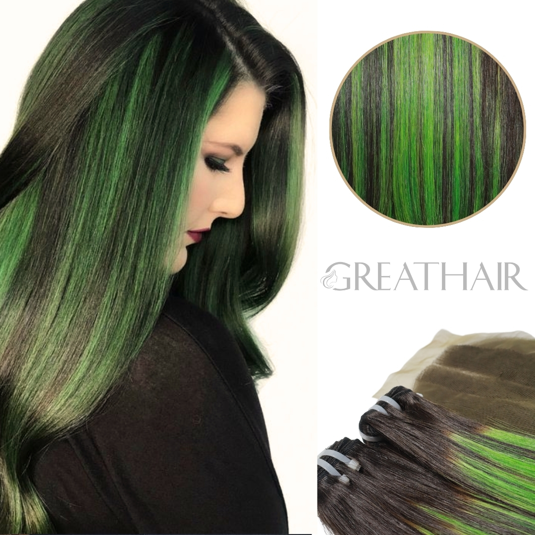 Ombre piano black green light straight 2 bundles with closure hair