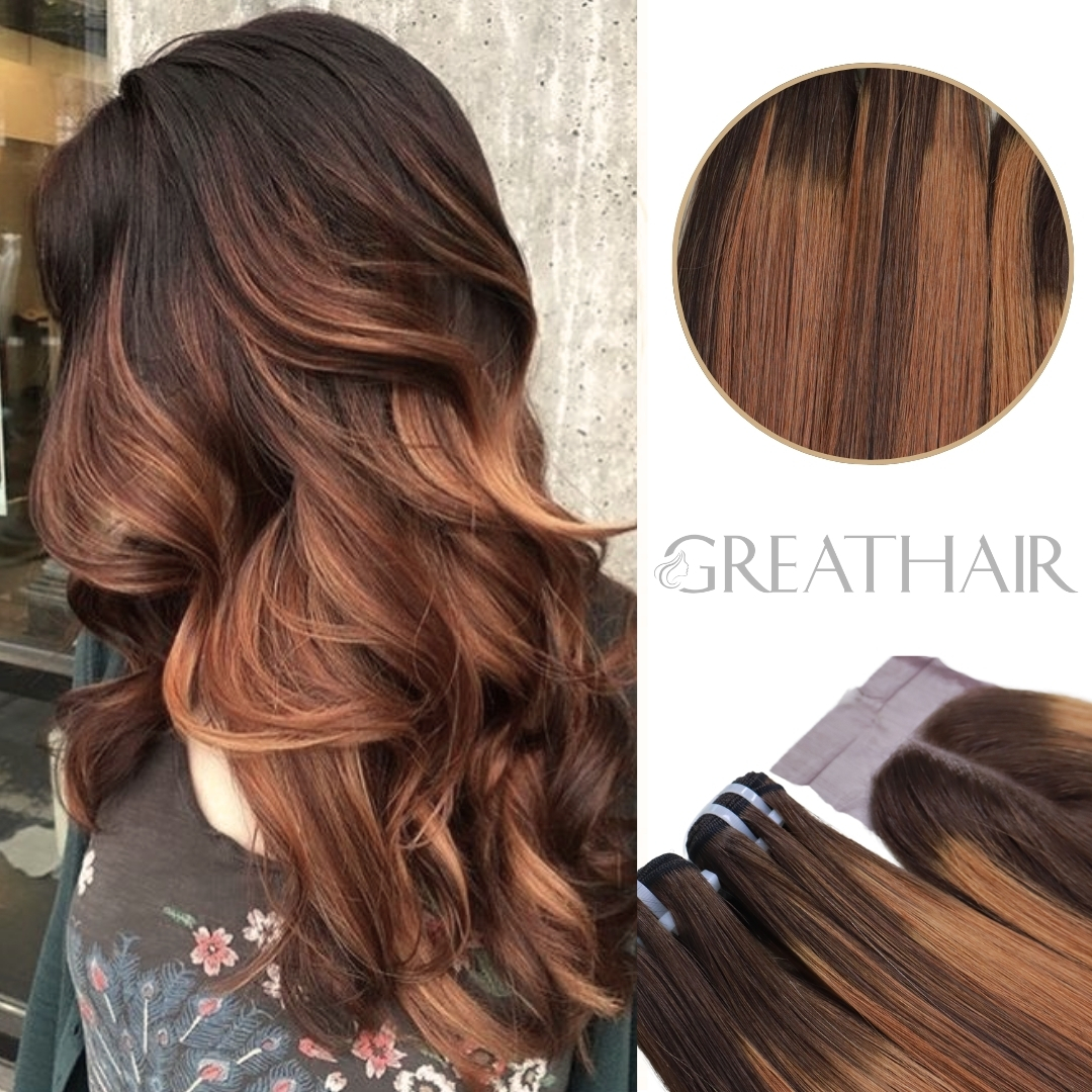 Ombre piano orange brown straight 2 bundles with closure hair