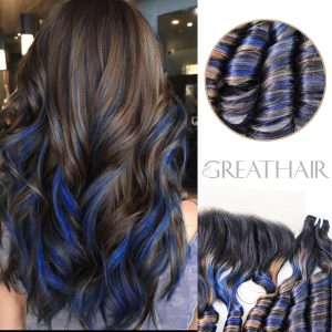 Piano black brown blue fumi curly 2 Bundles with Closure Hair