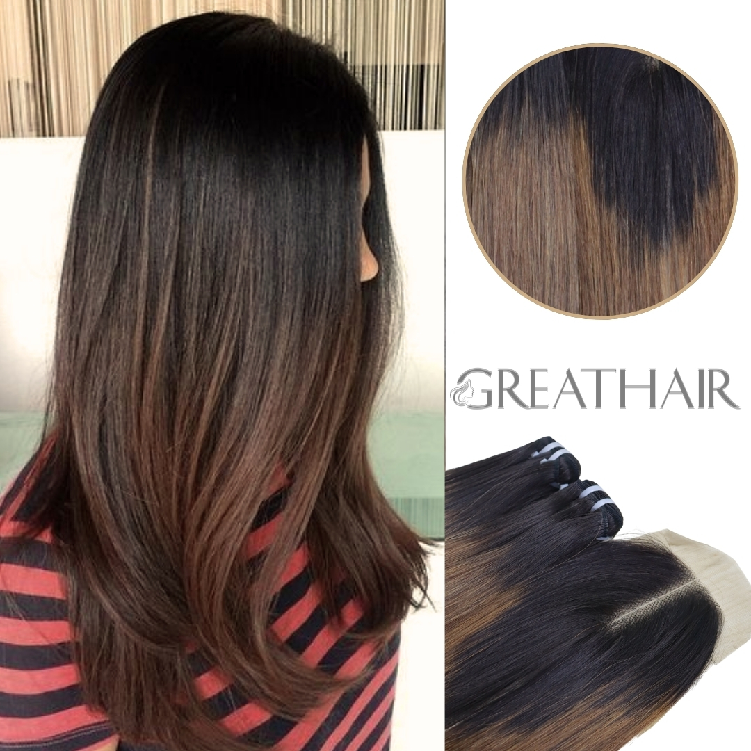 Ombre black brown straight 2 bundles with closure hair