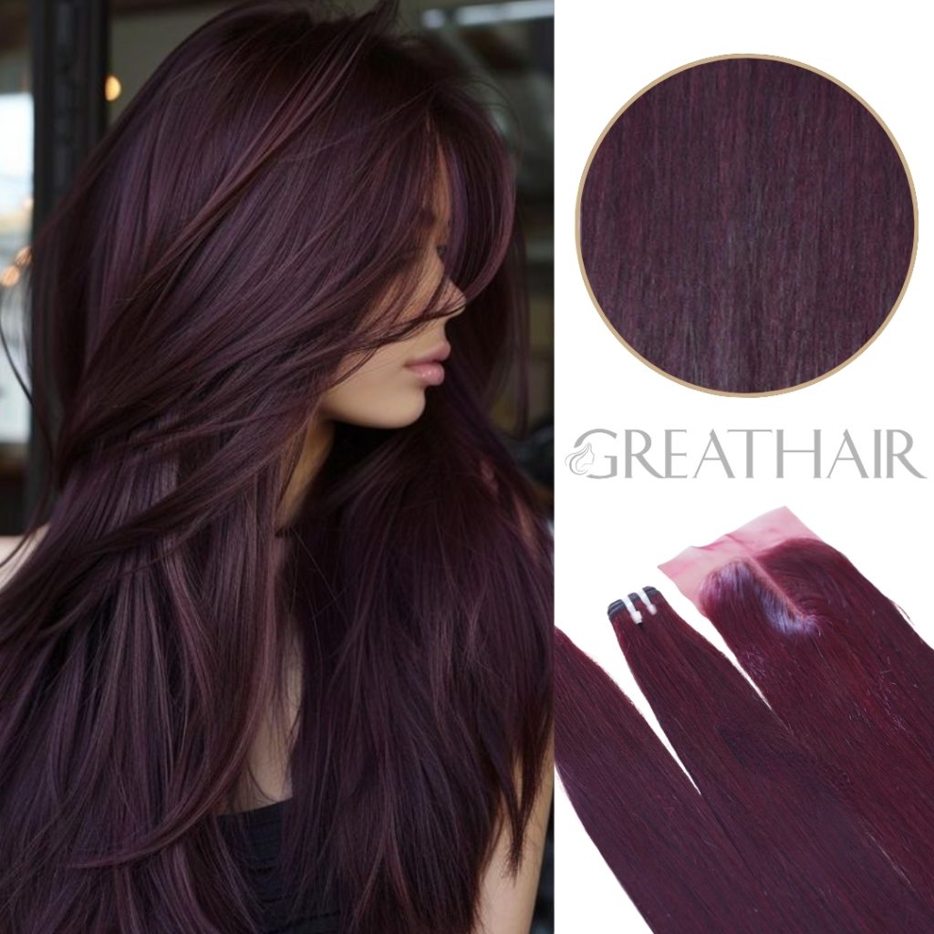 red brown color Straight 2 Bundles with Closure Hair