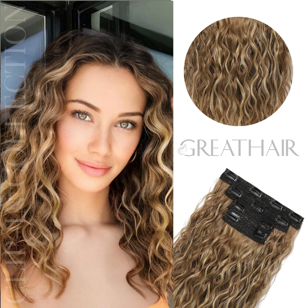 Light brown with highlight wavy clip-in hair