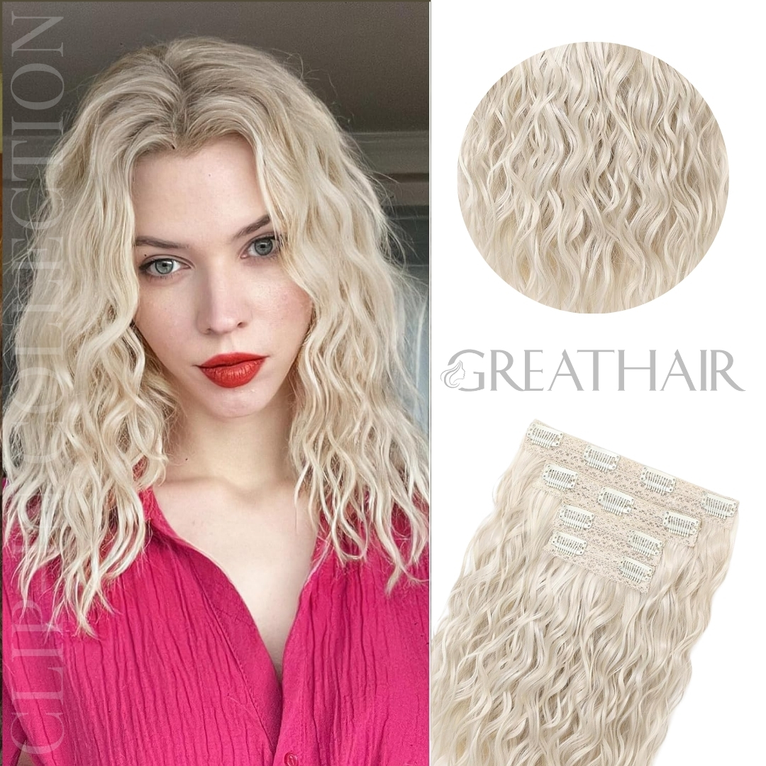 Platinum blonde wavy clip-in hair extensions